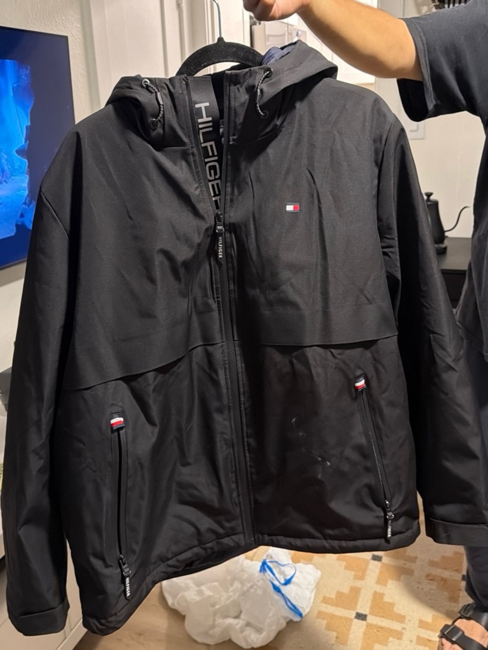Tommy Hilfiger Black Hooded Raincoat with Logo Trim
